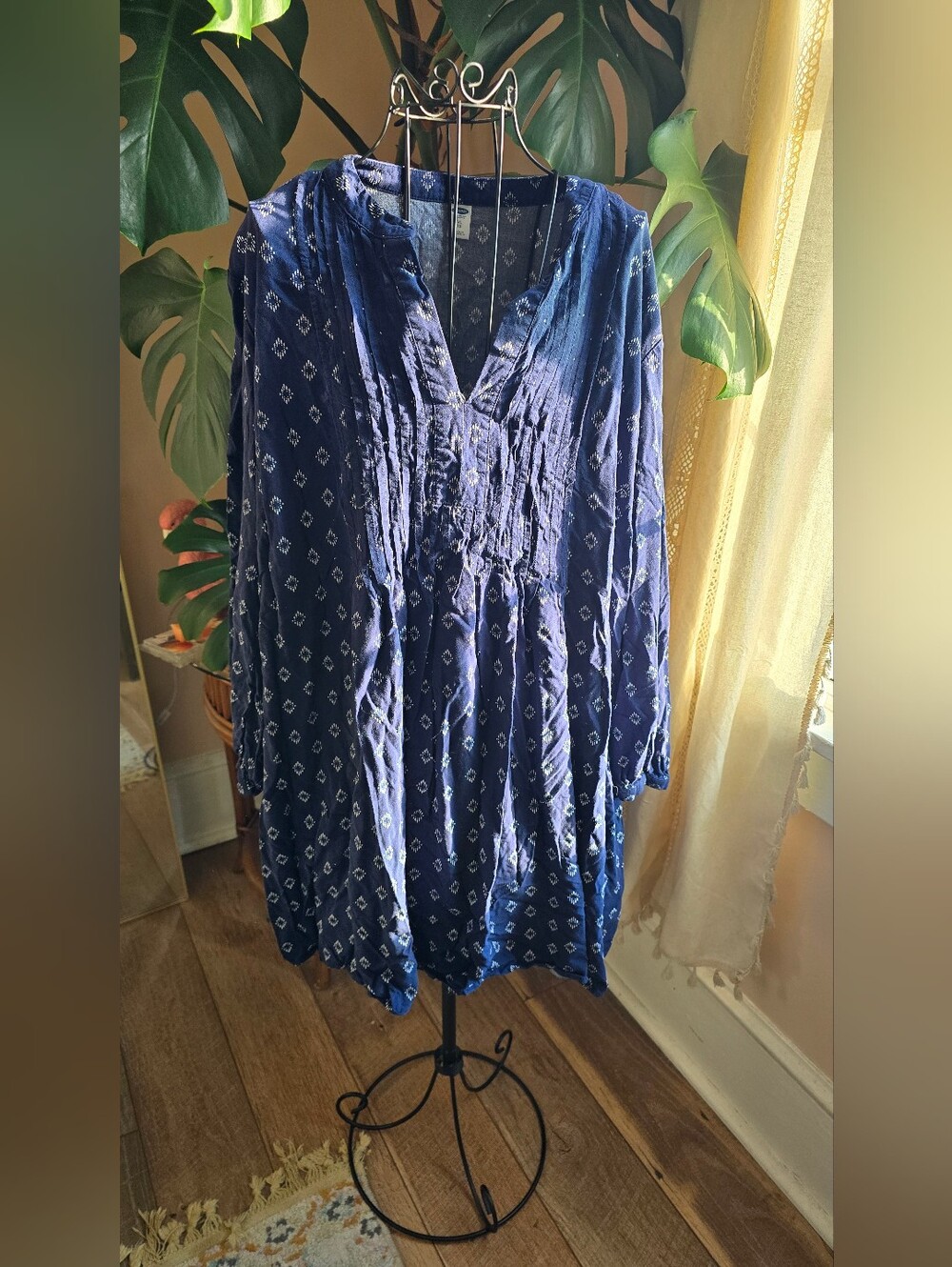 Old Navy Indigo Blue Diamond Geometric Pintuck Peasant Tunic Dress XL